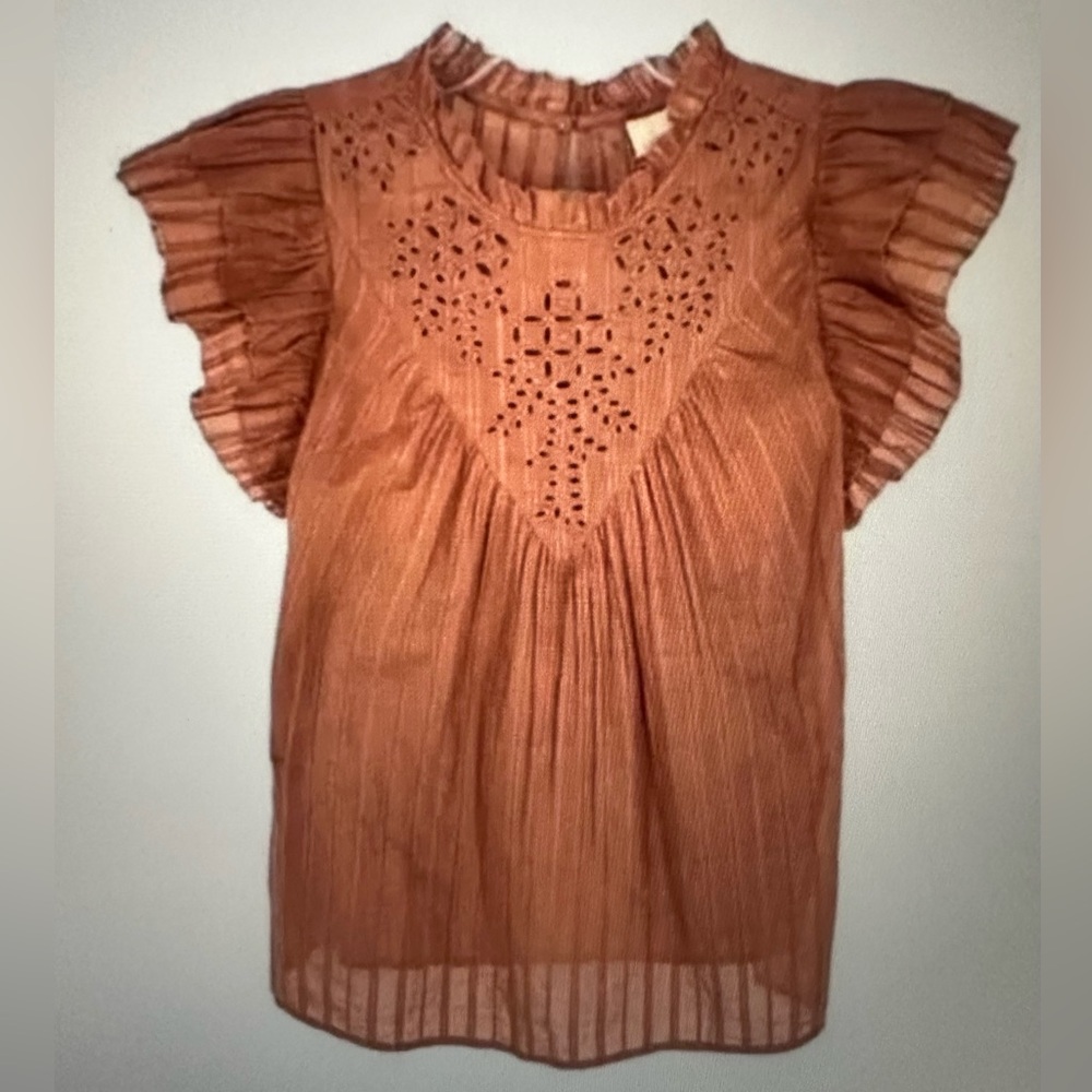 Universal Thread Cotton Rust Orange Top Ruffle Short Sleeve Eyelet Size S NWOT